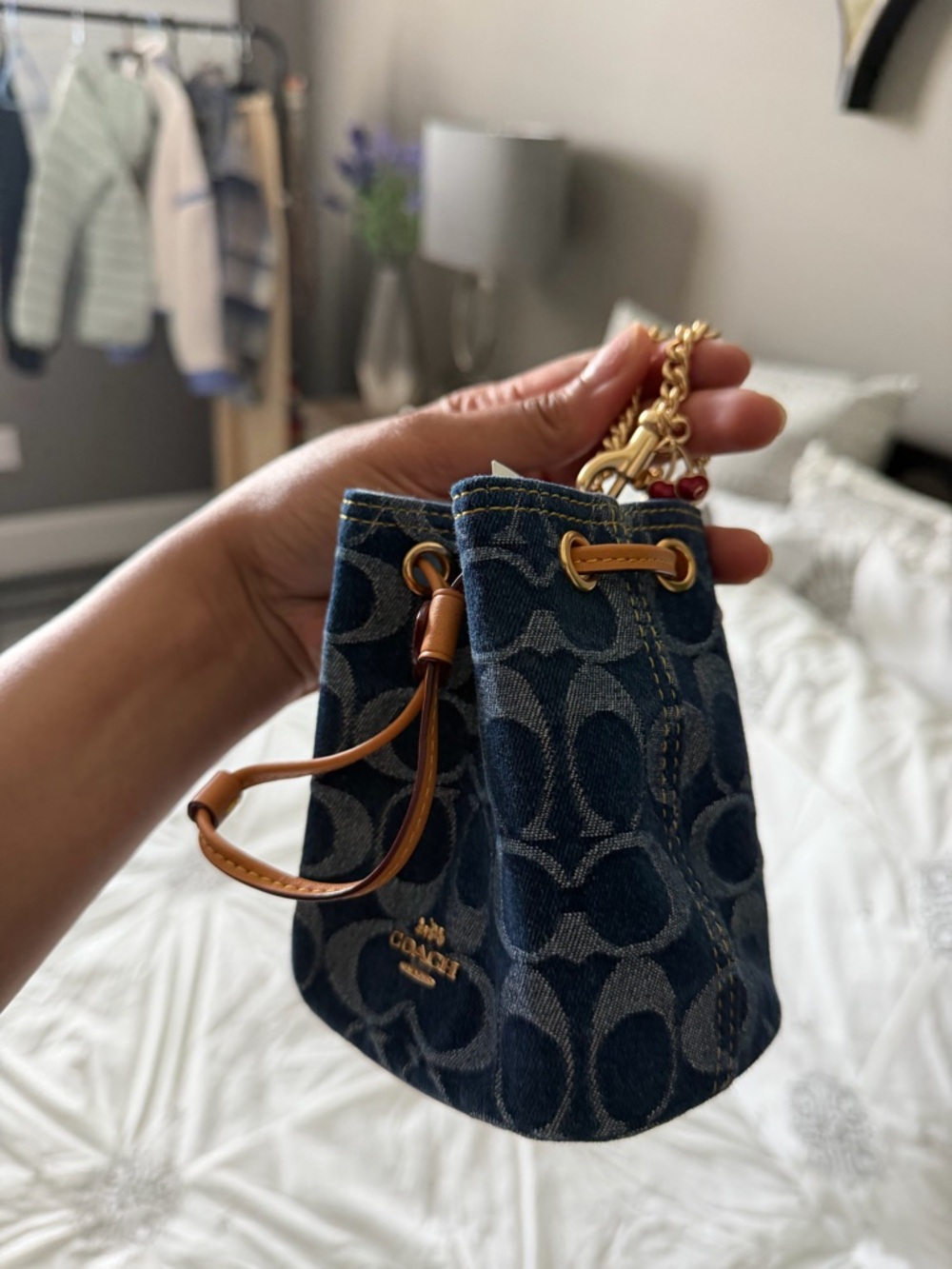 Coach Mini Signature Denim Bucket Bag with Tan Leather Trim - Picture 4 of 4